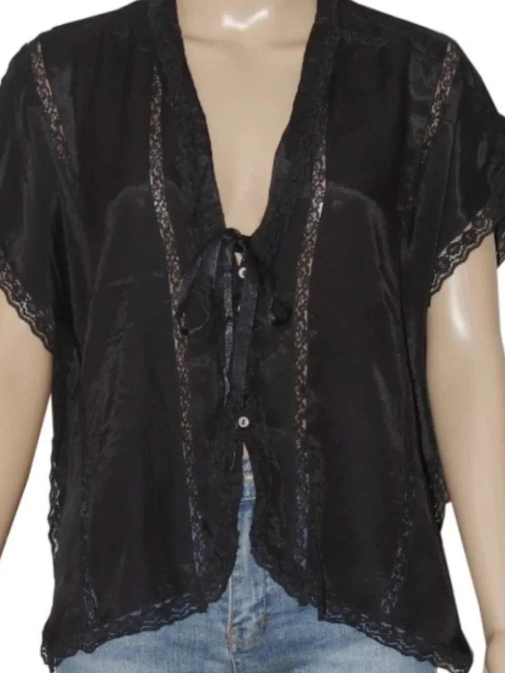 Free People Marigold Shine Lace Top Buttondown Lace V Neck Black S